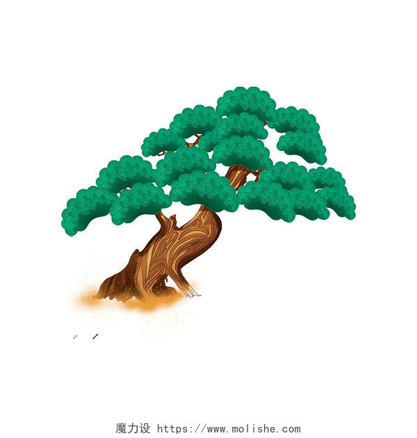 绿色手绘国潮古风中国风松柏树树元素PNG素材
